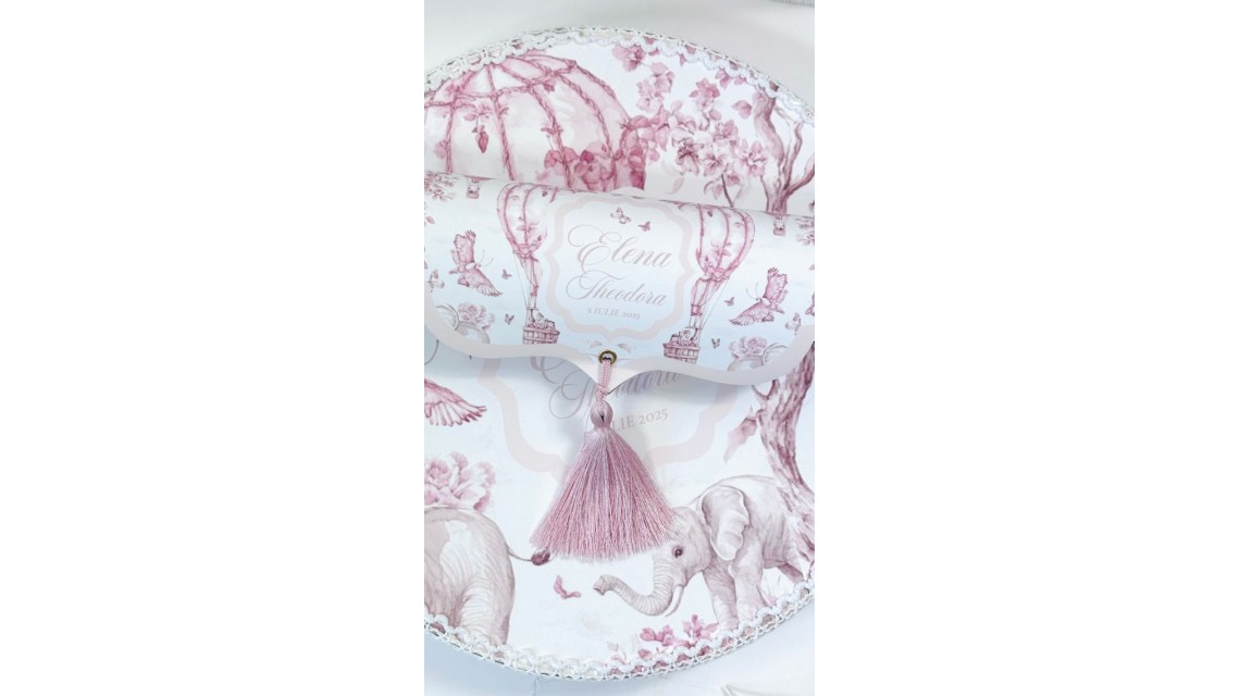 Trusou botez cu animale din jungla si flori exotice roz Toile de Jouy 4